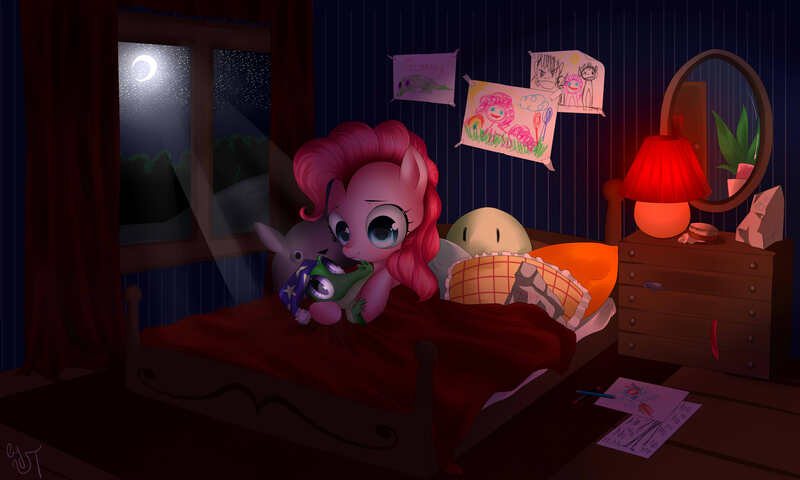 Size: 5000x3000 | Tagged: artist:vardastouch, bed, derpibooru import, drawing, filly, gummy, moon, night, pinkie pie, safe