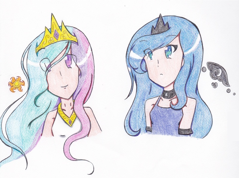 Size: 2464x1828 | Tagged: safe, artist:cutelittlekyli, derpibooru import, princess celestia, princess luna, humanized, traditional art