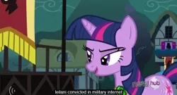 Size: 639x346 | Tagged: derpibooru import, hub logo, internet, military, safe, screencap, twilight sparkle, youtube caption