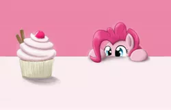 Size: 3492x2251 | Tagged: safe, artist:otakuap, derpibooru import, pinkie pie, earth pony, pony, cupcake, peeking, simple background, solo, soon