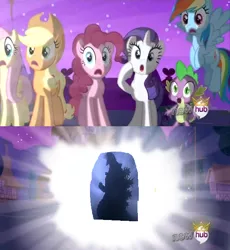 Size: 552x600 | Tagged: alicorn flash, applejack, crossover, derpibooru import, edit, edited screencap, exploitable meme, fluttershy, godzilla, godzilla junior, godzilla (series), godzilla vs destoroyah, hub logo, kaiju, magical mystery cure, meme, pinkie pie, rainbow dash, rarity, safe, screencap, spike