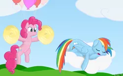 Size: 1920x1200 | Tagged: artist:mcnum, balloon, cloud, cloudy, cymbals, derpibooru import, incoming prank, pinkie pie, prank, rainbow dash, safe, sleeping, this will end in tears