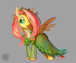Size: 921x766 | Tagged: safe, artist:erinliona, derpibooru import, fluttershy, pegasus, pony, clothes, coronation dress, cute, dress, female, floral head wreath, flower, gray background, hair over one eye, head turn, mare, open mouth, shyabetes, simple background, smiling, solo, spread wings, standing, stray strand, wings