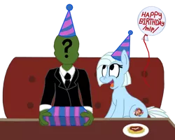 Size: 1572x1258 | Tagged: safe, artist:sketchymouse, derpibooru import, oc, oc:anon, oc:tracy cage, unofficial characters only, human, /mlp/, 4chan, balloon, birthday, hat, nicolas cage, party hat, present, spaghetti