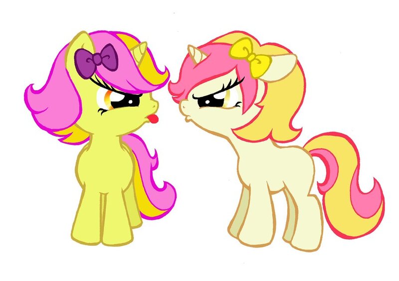 Size: 900x635 | Tagged: artist:peachpalette, bow, derpibooru import, filly, oc, oc:daffodil, oc:peach palette, rivalry, safe, sisters, twins, unofficial characters only