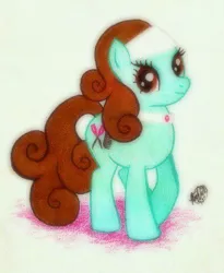 Size: 394x480 | Tagged: safe, artist:peachpalette, derpibooru import, oc, oc:cosmo, unofficial characters only, earth pony, pony, cousin, headband, spa pony, traditional art