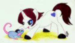 Size: 480x278 | Tagged: safe, artist:peachpalette, derpibooru import, oc, oc:dexterity, unofficial characters only, mouse, pony, rat, unicorn, traditional art