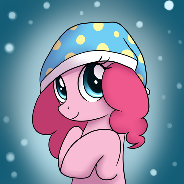 Size: 1000x1000 | Tagged: safe, artist:maplesunrise, derpibooru import, pinkie pie, pony, ask snuggle pie, cute, diapinkes, hat, hooves to the chest, looking at you, nightcap, solo