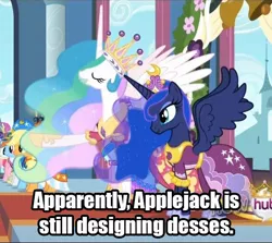 Size: 646x575 | Tagged: applejack, bell, clothes, coronation dress, cropped, derpibooru import, dress, edit, edited screencap, eyes closed, female, gown, hubble, hub logo, jewelry, magical mystery cure, misspelling, princess celestia, princess luna, raised hoof, regalia, safe, screencap, smiling, spread wings, standing, the hub, wings