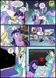 Size: 714x1000 | Tagged: safe, artist:spainfischer, derpibooru import, princess celestia, twilight sparkle, alicorn, pony, unicorn, magical mystery cure, buffering, comic, copyright, duo, ethereal mane, female, hasbro, loading, mare, music notes, princess celestia's special princess making dimension, singing, unicorn twilight, void, youtube