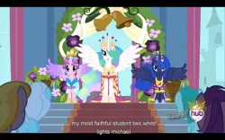 Size: 1024x640 | Tagged: amethyst star, close enough, cloud kicker, derpibooru import, linky, magical mystery cure, princess cadance, princess celestia, princess luna, safe, screencap, shoeshine, spring melody, sprinkle medley, twilight alias, youtube caption