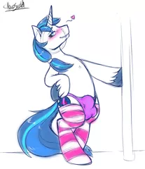 Size: 1280x1481 | Tagged: questionable, artist:chocoscotch, artist:kure, derpibooru import, shining armor, unicorn, clothes, crossdressing, crotch bulge, heart, male, panties, pole dancing, ponytail, sexy armor, simple background, sketch, socks, solo, solo male, stallion, striped socks, stripper pole, thigh highs, underwear, white background