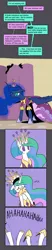 Size: 800x3850 | Tagged: artist:valcron, big crown thingy, blushing, clothes, comic, coronation dress, crown, cute, cutelestia, derpibooru import, dress, horseshoes, laughing, luna is not amused, misspelling, princess celestia, princess luna, safe, speech bubble, unamused