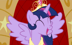 Size: 400x250 | Tagged: safe, derpibooru import, twilight sparkle, twilight sparkle (alicorn), alicorn, pony, magical mystery cure, animated, big crown thingy, element of magic, eyes closed, female, flower, happy, laughing, mare, smiling, solo, spread wings, talking, twimobile