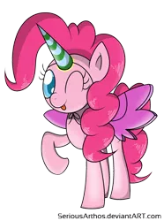 Size: 1674x2250 | Tagged: safe, artist:seriousarthos, derpibooru import, pinkie pie, alicorn, pony, magical mystery cure, alicornified, dancing, fake wings, female, hat, mare, one eye closed, party, party hat, partycorn, pinkiecorn, race swap, simple background, solo, transparent background, wink, xk-class end-of-the-world scenario
