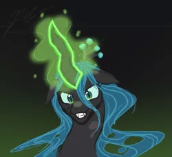 Size: 615x561 | Tagged: artist:alittleriddle, bust, dark, derpibooru import, grin, magic, queen chrysalis, safe, solo