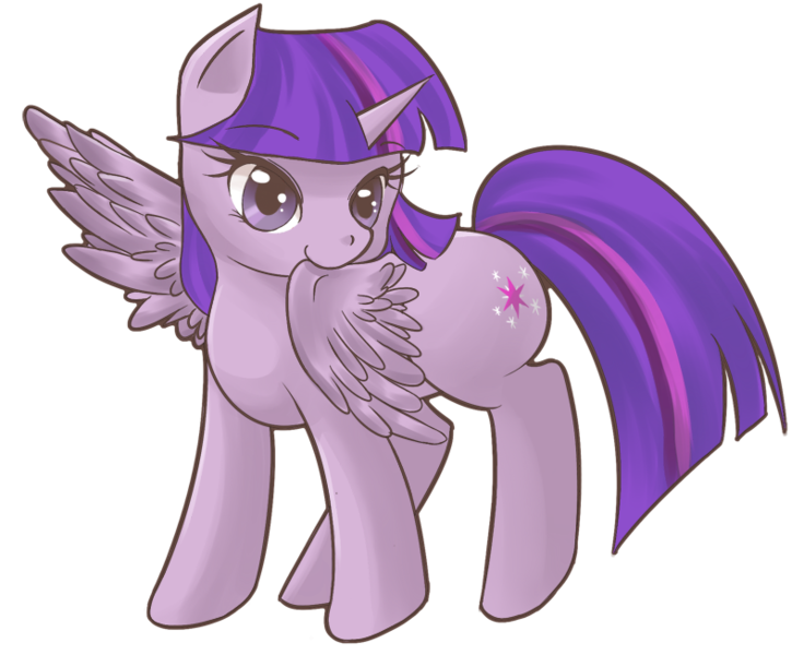 Size: 800x652 | Tagged: safe, artist:cielaart, derpibooru import, twilight sparkle, twilight sparkle (alicorn), alicorn, pony, biting, cute, female, mare, pixiv, preening, simple background, solo, twiabetes, wing bite