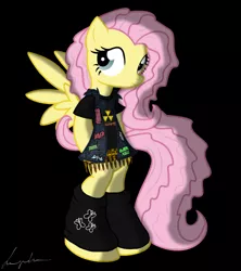 Size: 1244x1400 | Tagged: safe, artist:flutterthrash, derpibooru import, fluttershy, pony, 80s, alternate hairstyle, anthrax, bipedal, clothes, fashion, kreator, megadeth, metal, nuclear assault, overkill (band), slayer, sodom (band)