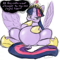 Size: 1000x1000 | Tagged: suggestive, artist:carmelcube, derpibooru import, twilight sparkle, twilight sparkle (alicorn), alicorn, pony, bedroom eyes, belly, big crown thingy, fat, implied belly rubs, looking at you, on back, smiling, spread wings, stuffed, twilard sparkle