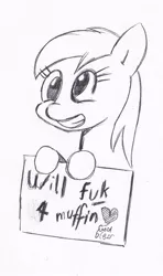 Size: 432x728 | Tagged: dead source, suggestive, artist:trips-ocho, derpibooru import, derpy hooves, pegasus, pony, female, implied sex, mare, monochrome, muffin, prostitute, prostitution, sign, will x for y