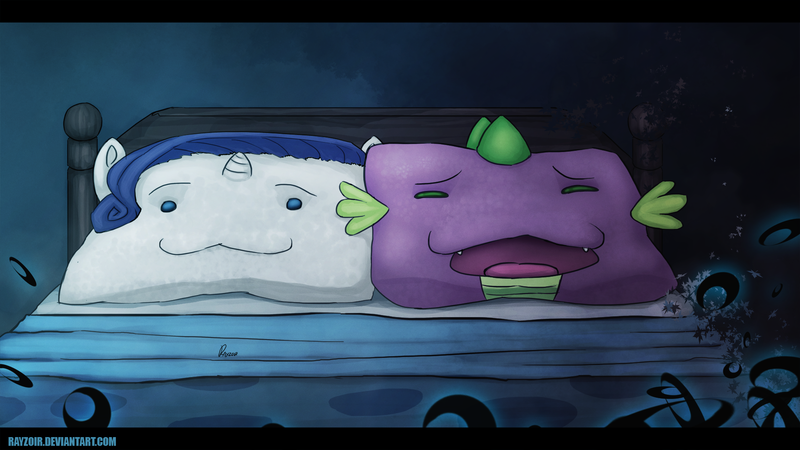 Size: 1920x1080 | Tagged: :3, artist:rayzor-sharp, bed, derpibooru import, pillow, rarity, safe, spike, wat