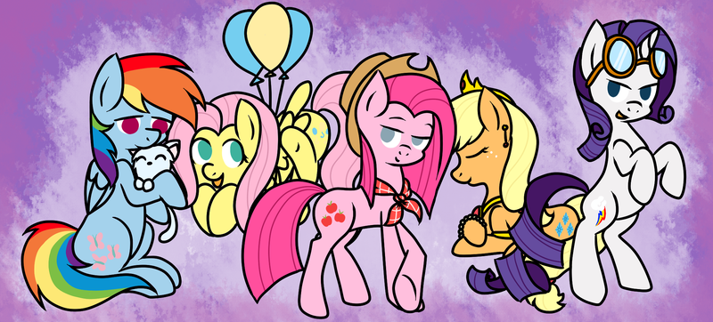 Size: 2100x950 | Tagged: alternate ending, applejack, artist:lourita-shine, balloon, bandana, cat, country pie, derpibooru import, fluttershy, goggles, good end, jewelry, pinkamena diane pie, pinkie pie, rainbow dash, rarity, safe, swapped cutie marks