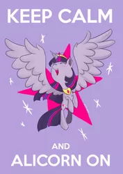 Size: 2480x3507 | Tagged: safe, artist:vivifx, derpibooru import, twilight sparkle, twilight sparkle (alicorn), alicorn, pony, blushing, elements of harmony, eyes closed, flying, happy, keep calm, keep calm and carry on, open mouth, smiling, solo, spread wings