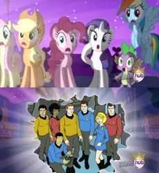 Size: 638x693 | Tagged: alicorn flash, applejack, christine chapel, derpibooru import, exploitable meme, fluttershy, hikaru sulu, hub logo, james t kirk, leonard mccoy, meme, montgomery scott, nyota uhura, pinkie pie, rainbow dash, rarity, safe, scotty, spike, spock, star trek, star trek: the animated series, tricorder (tos), uhura, vulcan