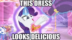 Size: 480x270 | Tagged: clothes, derpibooru import, dress, element of generosity, image macro, magical mystery cure, rarity, safe