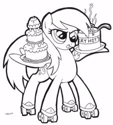 Size: 904x1000 | Tagged: safe, artist:abronyaccount, derpibooru import, derpy hooves, pegasus, pony, cake, female, lineart, mare, roller skates, solo, soup, this will end in tears