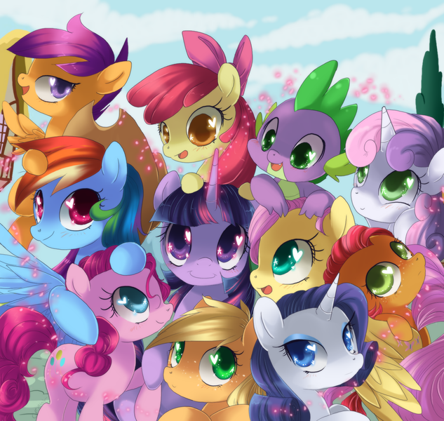 Size: 1900x1800 | Tagged: dead source, safe, artist:loyaldis, derpibooru import, apple bloom, applejack, babs seed, fluttershy, pinkie pie, rainbow dash, rarity, scootaloo, spike, sweetie belle, twilight sparkle, dragon, earth pony, pegasus, pony, unicorn, applejack's hat, best friends, bow, cloud, cutie mark crusaders, female, filly, group shot, hair bow, heart eyes, male, mane seven, mane six, mare, open mouth, sky, smiling, unicorn twilight, wingding eyes