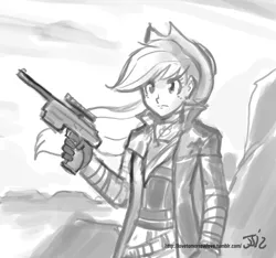 Size: 1280x1200 | Tagged: 10mm pistol, applejack, artist:johnjoseco, derpibooru import, fallout, fallout: new vegas, grayscale, gun, human, humanized, monochrome, ncr veteran ranger, no trigger discipline, pistol, safe, suppressor