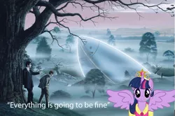 Size: 789x525 | Tagged: safe, derpibooru import, edit, twilight sparkle, twilight sparkle (alicorn), alicorn, human, pony, everything is going to be ok, female, mare, spread wings, the war of the worlds, tree, wings