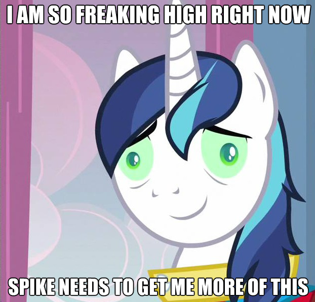 Size: 622x598 | Tagged: caption, derpibooru import, edit, edited screencap, high, image macro, safe, screencap, shining armor, silly, stoned