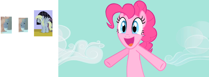 Size: 1100x407 | Tagged: safe, derpibooru import, screencap, derpy hooves, pinkie pie, pegasus, pony, magical mystery cure, the best night ever, cameo, female, happy, jumping, mare, reaction image, shoutout, wink