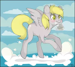 Size: 900x800 | Tagged: safe, artist:confetti-cake, derpibooru import, derpy hooves, pegasus, pony, cloud, cloudy, female, mare, muffin, solo