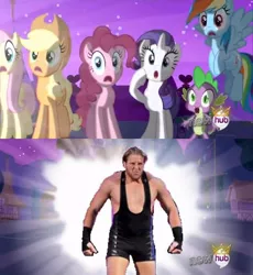 Size: 638x692 | Tagged: alicorn flash, applejack, derpibooru import, exploitable meme, fluttershy, hub logo, jack swagger, meme, pinkie pie, rainbow dash, rarity, safe, spike, wrestling, wwe