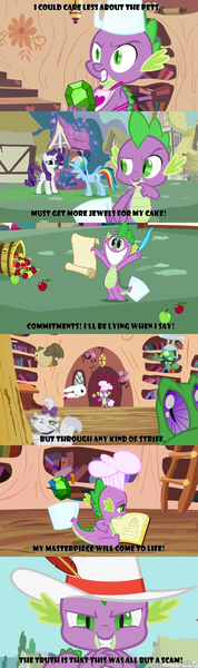 Size: 1000x3378 | Tagged: safe, derpibooru import, screencap, angel bunny, gummy, opalescence, rainbow dash, rarity, spike, tank, winona, bird, cat, dragon, owl, pegasus, pony, rabbit, turtle, unicorn, just for sidekicks, secret of my excess, animal, apron, caption, chef, chef's hat, clothes, evil, gem, hat, naked apron, paper, parody, quill, scheming, this day aria