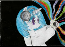 Size: 2338x1700 | Tagged: safe, derpibooru import, vinyl scratch, pony, unicorn, crayon, grid paper, headphones, hoof hold, music, pencil drawing, solo, traditional art