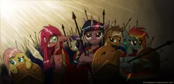 Size: 2858x1391 | Tagged: safe, artist:vulpessentia, derpibooru import, applejack, fluttershy, pinkie pie, rainbow dash, rarity, twilight sparkle, 300, cape, clothes, pinkamena diane pie, shield, spear, sword