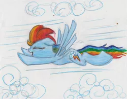 Size: 3184x2482 | Tagged: safe, artist:deihiru, derpibooru import, rainbow dash, flying, solo, traditional art