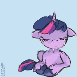 Size: 1500x1500 | Tagged: artist:weepysheep, blue background, crying, derpibooru import, eyes closed, floppy ears, magical mystery cure, part of a set, prone, sad, safe, simple background, solo, twilight sparkle, unshorn fetlocks