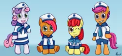 Size: 3744x1718 | Tagged: dead source, safe, artist:eddiedodoman, derpibooru import, apple bloom, babs seed, scootaloo, sweetie belle, pony, bipedal, blushing, clothes, cutie mark crusaders, female, filly, hat, necktie, sailor, sailor uniform
