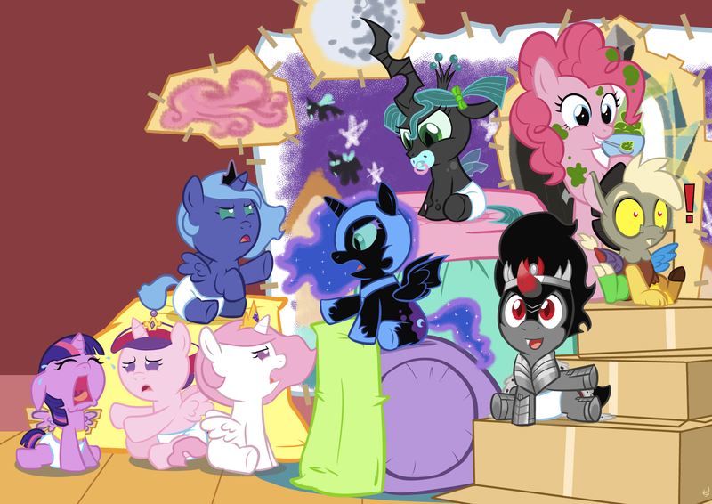 Size: 1768x1250 | Tagged: safe, artist:viraljp, derpibooru import, discord, king sombra, nightmare moon, pinkie pie, princess cadance, princess celestia, princess luna, queen chrysalis, twilight sparkle, twilight sparkle (alicorn), alicorn, nymph, pony, baby, baby ponies, baby pony, babylight sparkle, crying, cute, cutealis, cutedance, cutelestia, diaper, discute, exclamation point, eye contact, eyes closed, fake wings, female, filly, floppy ears, foal, frown, glare, grin, lunabetes, mare, messy, moonabetes, mouth hold, nightmare woon, nom, open mouth, pacifier, sad, sitting, smiling, sombradorable, time paradox, twiabetes, wide eyes, woona