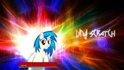 Size: 1920x1080 | Tagged: safe, artist:kigaroth, artist:likonan, derpibooru import, edit, vinyl scratch, pony, unicorn, abstract background, female, hooves, horn, mare, smiling, solo, teeth, text, vector, wallpaper, wallpaper edit