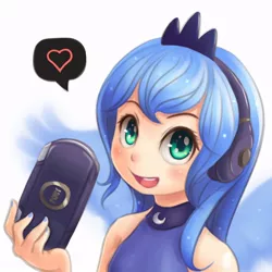 Size: 800x800 | Tagged: artist:ninjaham, blushing, bust, clothes, derpibooru import, female, gamer luna, headphones, headset, heart, human, humanized, looking at you, open mouth, playstation portable, princess luna, psp, safe, simple background, solo, white background