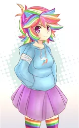 Size: 600x964 | Tagged: artist:chelostracks, bandage, clothes, derpibooru import, hoodie, humanized, rainbow dash, rainbow socks, safe, skirt, socks, solo, striped socks, thigh highs