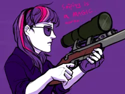 Size: 500x375 | Tagged: safe, artist:glassesgrey, derpibooru import, twilight sparkle, crossover, female, glasses, gun, humanized, optical sight, purple background, rifle, simple background, sniper, sniper rifle, solo, team fortress 2, text, twilight sniper, vulgar, weapon