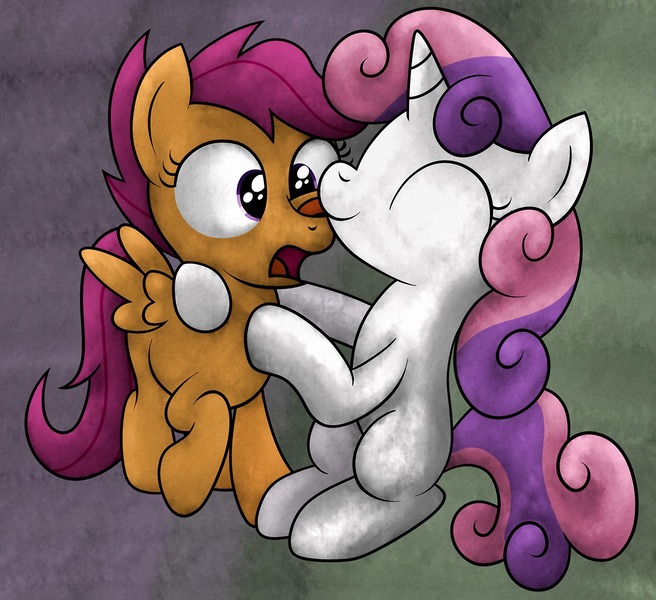 Size: 1280x1170 | Tagged: safe, artist:newlunaticrepublic, derpibooru import, scootaloo, sweetie belle, female, hug, lesbian, licking, nuzzling, scootabelle, shipping, tongue out