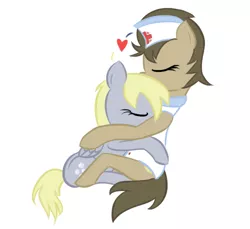 Size: 600x550 | Tagged: safe, artist:lilliesinthegarden, derpibooru import, derpy hooves, doctor whooves, time turner, pegasus, pony, crossdressing, doctorderpy, female, hug, male, mare, not lesbian, nurse, nurse turner, shipping, straight